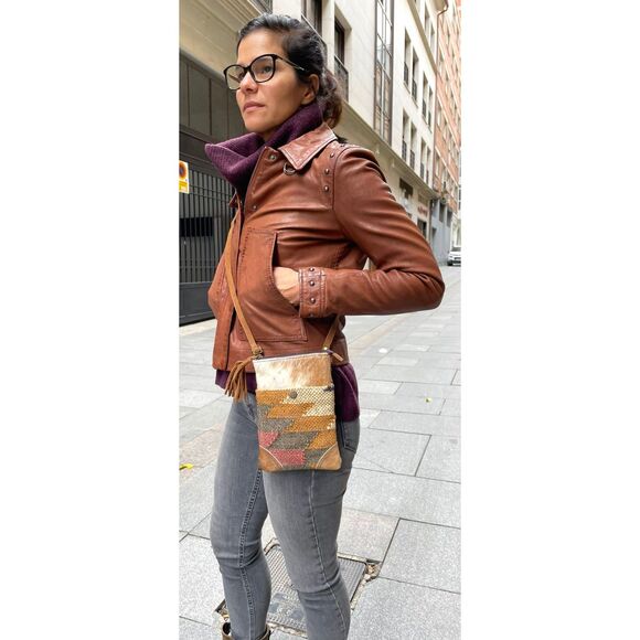 Western Navajo Print bag, Crossbody Small Purse, Genuine Hair on Cowhide, Suede - Picture 2 of 4